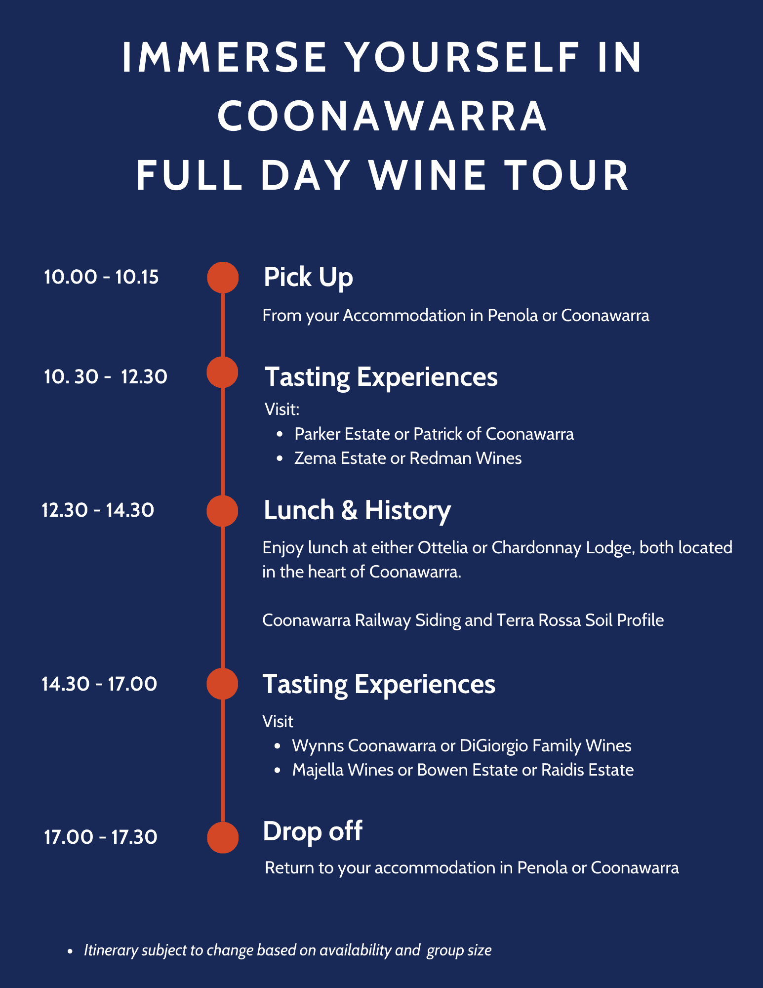 Coonawarra Experiences Full Day Wine Tour Itinerary