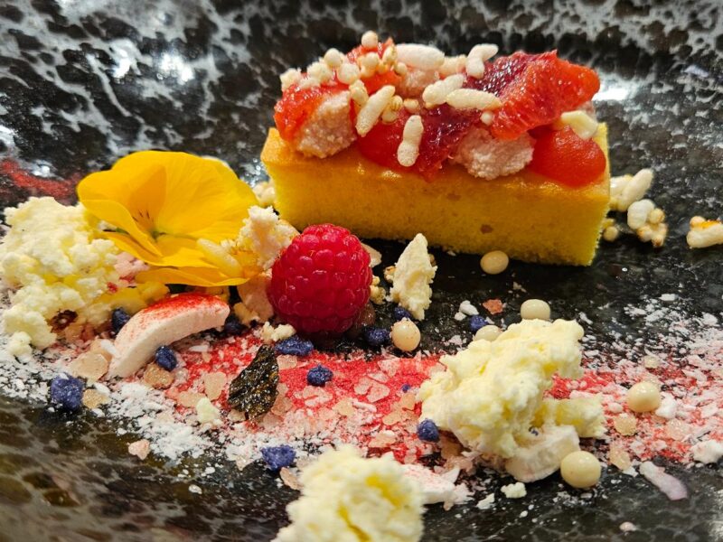 Coonawarra Experiences – Citrus sponge with blood orange, raspberry, and flowers.