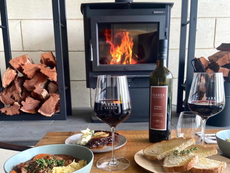 Set menu winter lunch at Parker Estate Coonawarra with osso bucco, red wine and wood fire