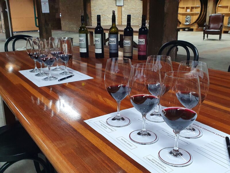 Glasses of red wine on a table at Wynns Coonawarra