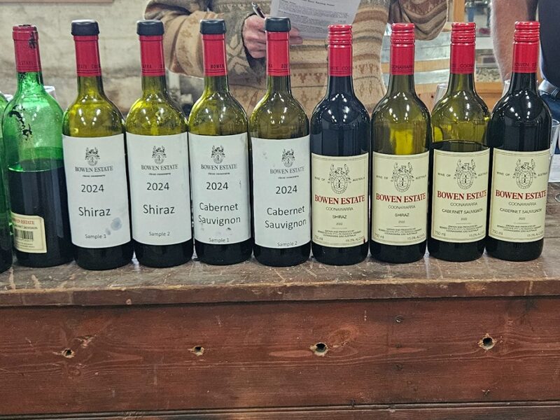 Bottles of Bowen Estate wine lined up for tasting