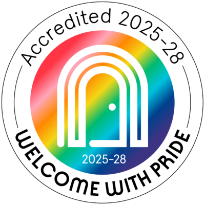 Welcome With Pride 2025–28 accreditation badge with rainbow colours