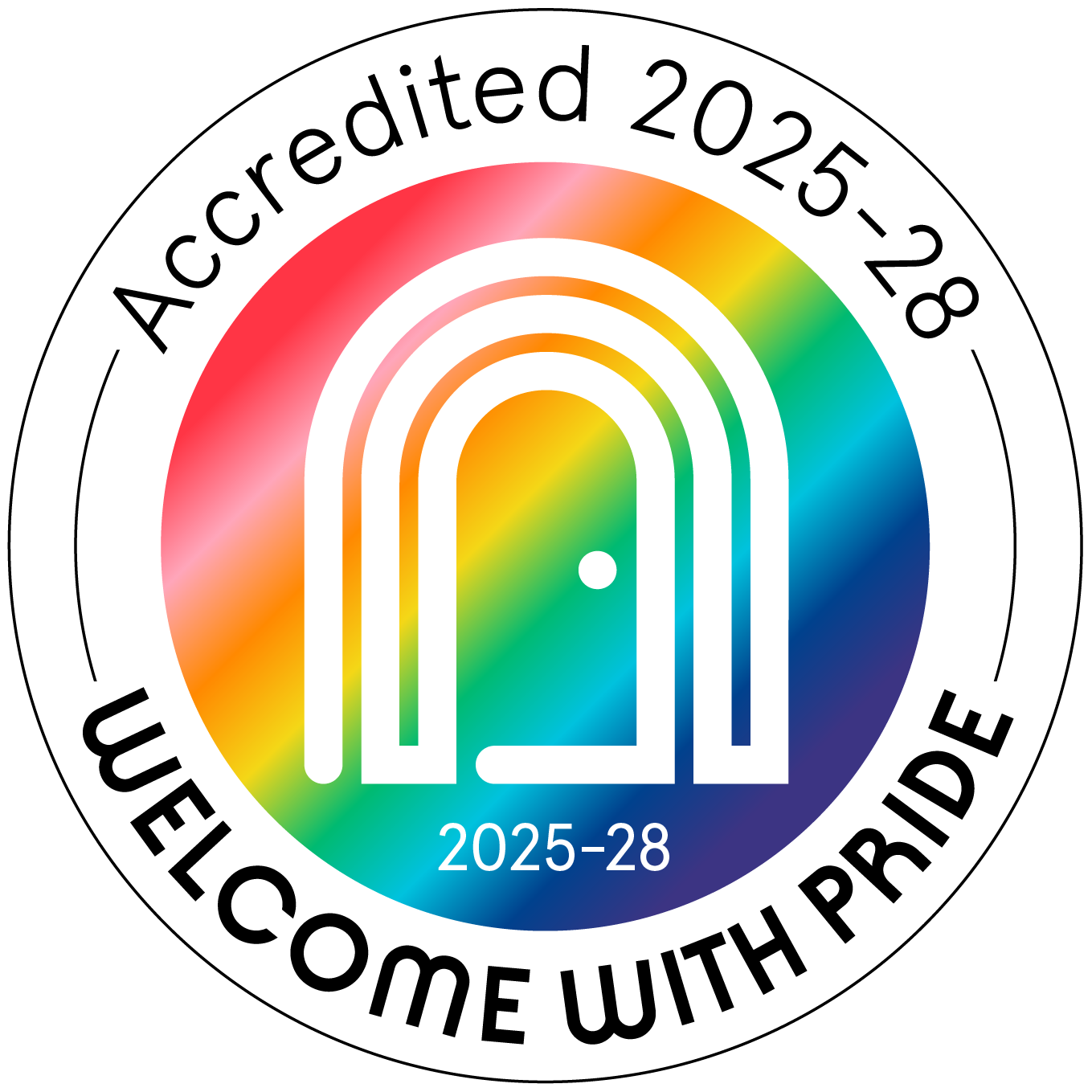 Welcome With Pride 2025–28 accreditation badge with rainbow colours