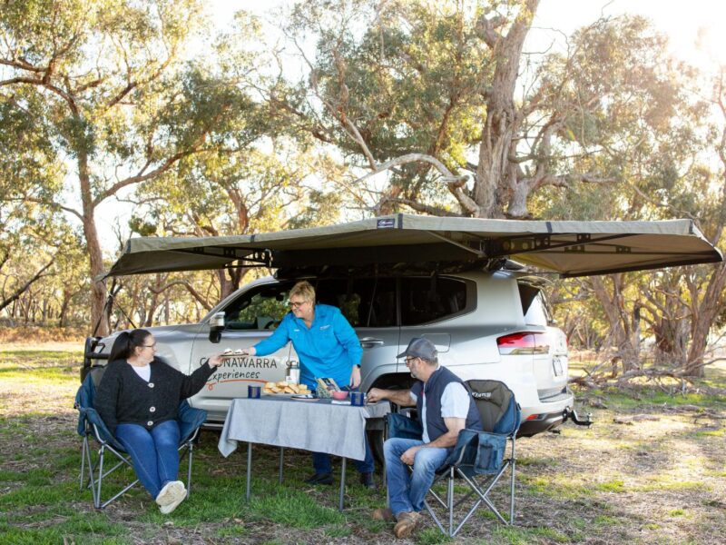 Private hosted morning tea setup under awning of Toyota LandCruiser in bush setting