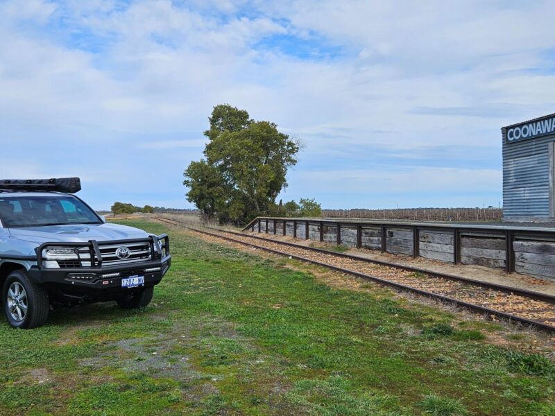 LandCruiser 300 parked beside vineyard railway siding under open sky