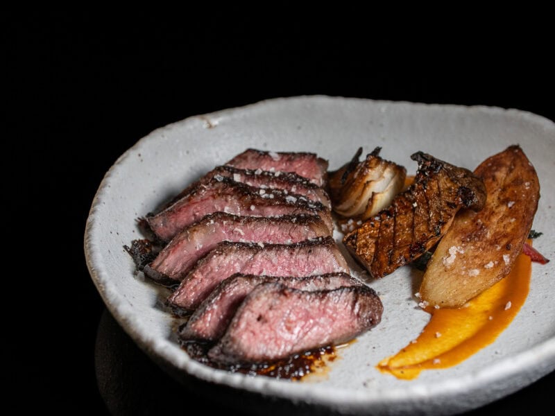 Plated Mayura Wagyu steak with seasonal vegetables.